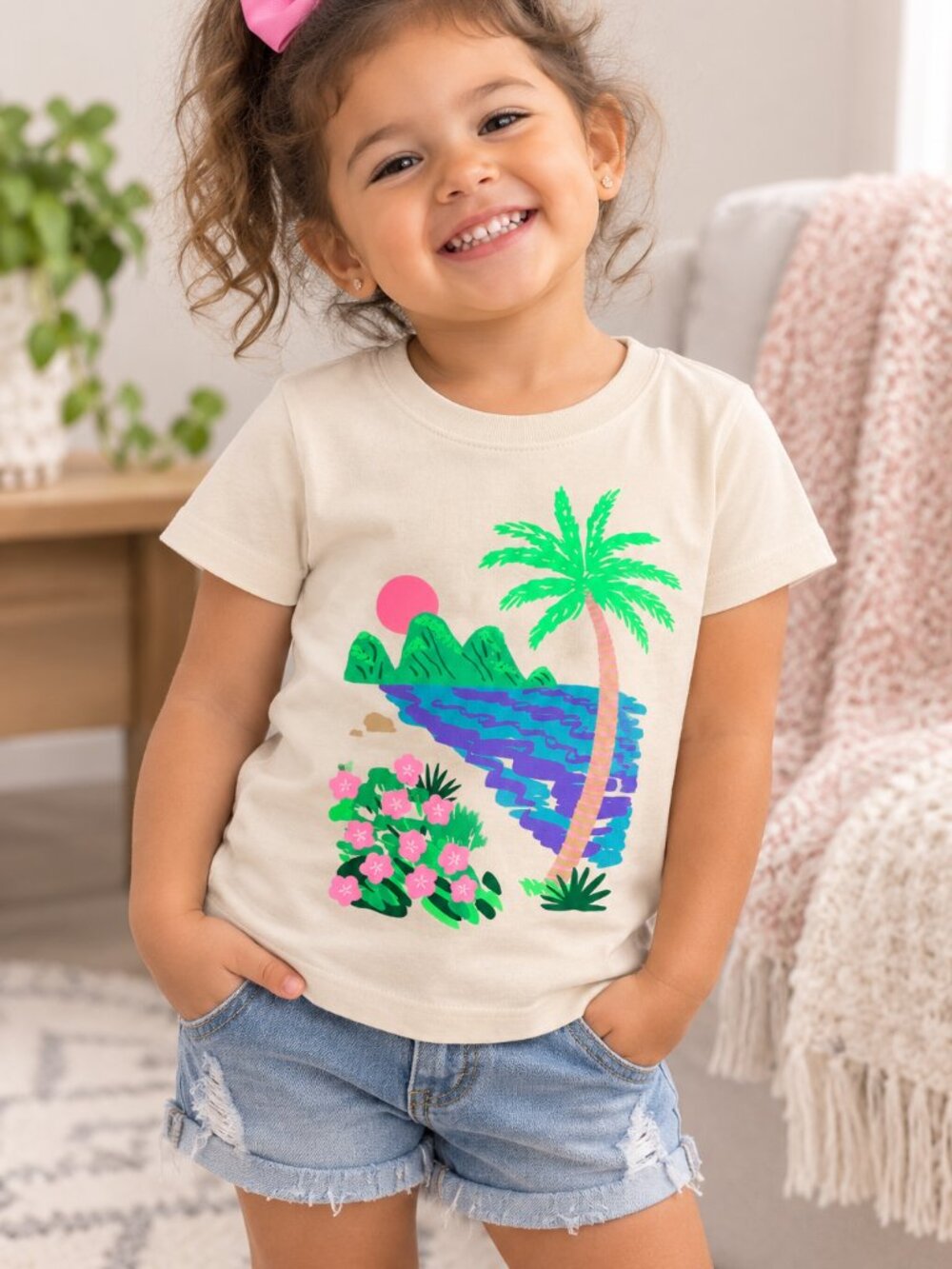Cat & Jack Toddler Girls Tropical Beach Graphic Tee Shirt 3T Short Sleeve NWT